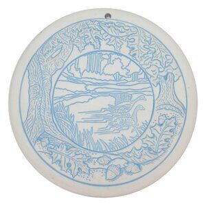 Vtg 1993 Lyn Wick USA Bread Warmer Stone Trivet Geese Lake Scene Forest Blue 6"
